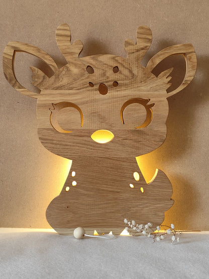 Veilleuse renne en chêne massif sculptée à la main, lumière douce LED pour enfant